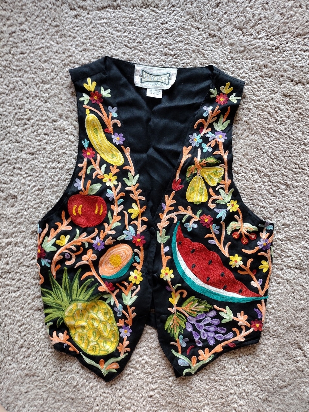 Hype Fruits And Vegetables Black Rayon Top with Multicolor Embroidery